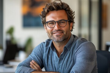 Portrait of a smiling businessman wearing glasses, looking at the camera.