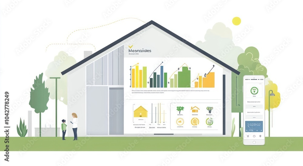 Poster illustration of a modern house displaying data charts and graphs related to home metrics.