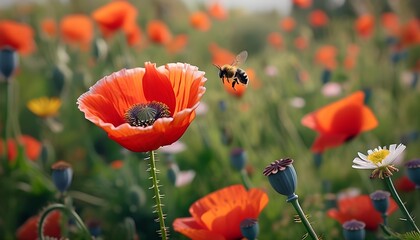 Obraz premium A vibrant display of nature's beauty bees pollinating poppy flowers in a lush meadow environment showcasing the importance of biodiversity and ecosystem health