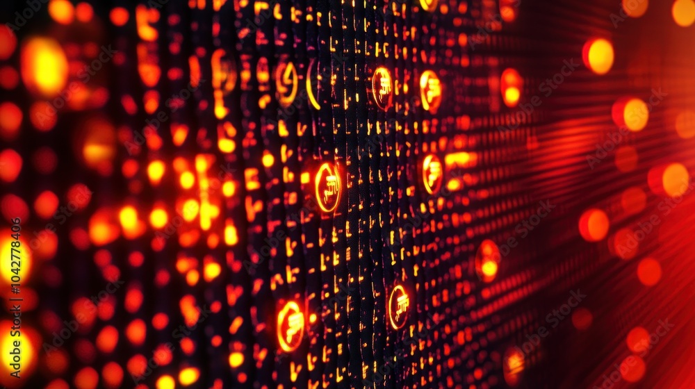 Poster abstract digital design with glowing elements in a dark background.