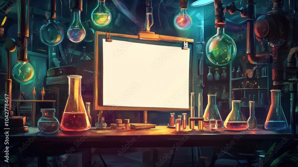 Poster a colorful laboratory scene with various glassware and a blank canvas for experimentation.