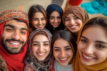 Obraz premium A joyful group of friends smiles together in a vibrant outdoor setting. Their diverse styles reflect culture and unity. Laughter spreads joy among them. Generative AI
