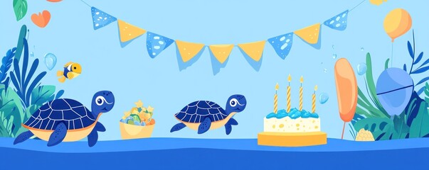A festive scene featuring turtles, a birthday cake, and decorations in a vibrant underwater setting.