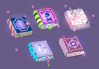 Magic books of spells with fantasy covers bookmarks and mystery light vector cartoon illustration. 
