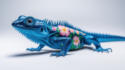 Fototapeta premium Artistic Chameleon with Blue Skin and Vibrant Floral Patterns