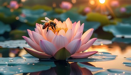 The harmony of nature a bee pollinates a lotus flower at sunrise reflecting the interconnectedness of life and the essential work of pollinators in ecosystems