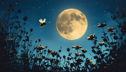 A serene night a bee dancing amongst blossoms under the full moon in a starry sky evoking a sense of wonder and connection to nature's beauty