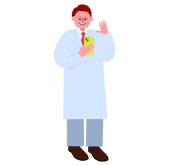 Obraz premium 白衣を着たメガネの男性がビデオ通話で会話をする全身のイラスト