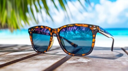 Stylish Sunglasses on a Beachside Table