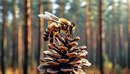 A close-up exploration of a honeybee interacting with a pine cone in a serene forest setting highlighting the intricate relationship between pollinators and the environment