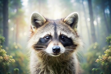 Double exposure image of a raccoon and woodblocks in a forest explosion macro