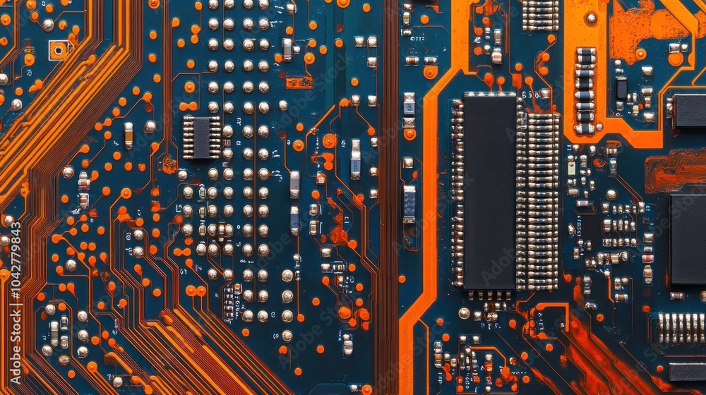 Aufkleber close-up of a blue and orange circuit board with intricate pathways and components.