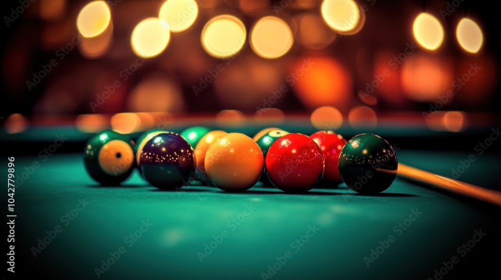 Poster a close-up of a pool table with balls in a rack and a cue stick in the foreground. the balls are arr