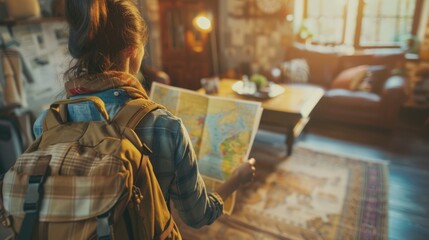 Woman backpacker planning a trip by looking at a map.