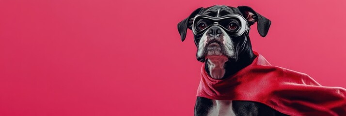 A dog dressed as a superhero, wearing a mask and cape against a vibrant pink background.