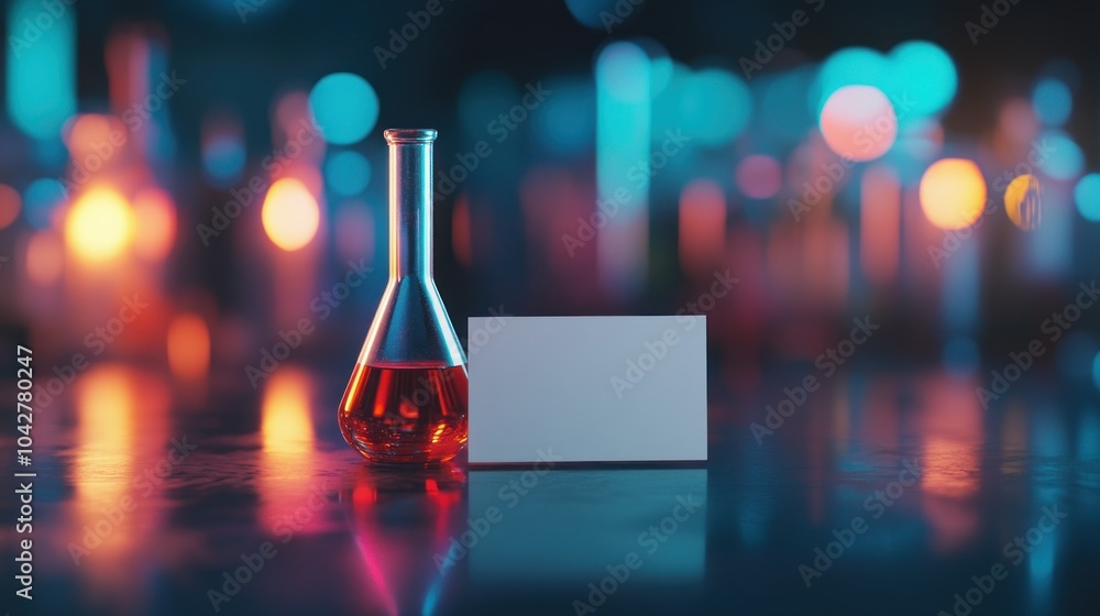 Poster a laboratory flask with a colorful liquid beside a blank card on a reflective surface.