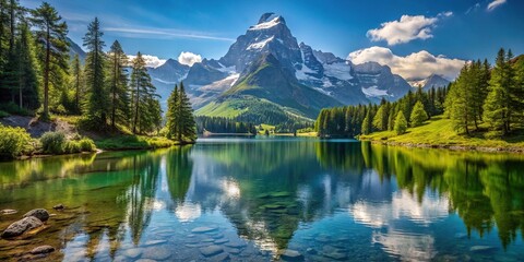 Idyllic valley with a calm lake, lush forest, and the magnificent Eiger mountain rising in the distance. Low angle view