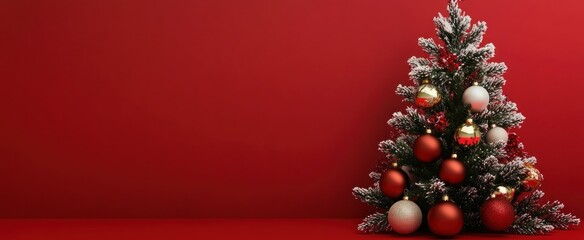 Christmas Tree Decorated with Ornaments on Red Background