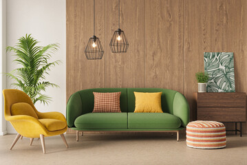 Contemporary mock-up of a cozy living room interior design with colorful decorative elements, 3D rendering © Василь Чейпеш