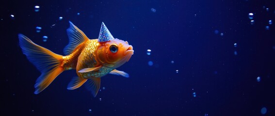 A whimsical goldfish wearing a party hat swims in a vibrant underwater scene.
