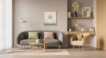 A contemporary living room interior design mock-up featuring vibrant decorative accents, 3D render
