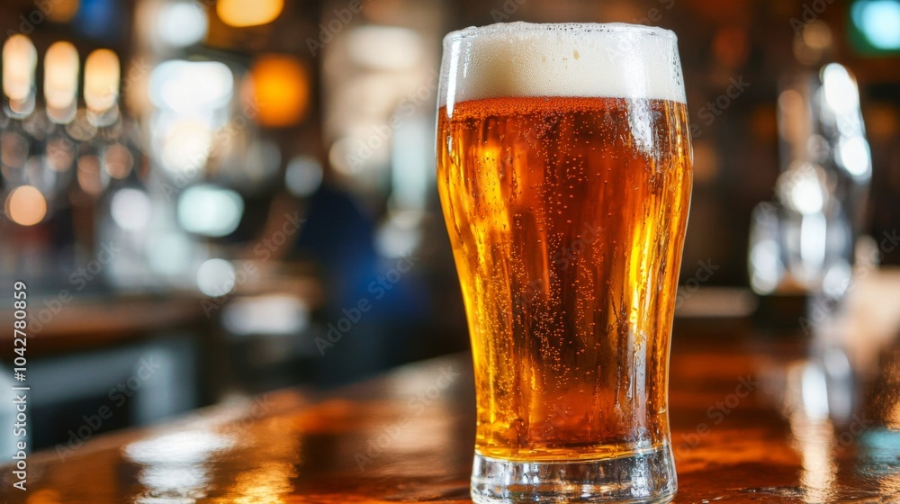 Poster Refreshing Glass of Beer on a Bar Counter