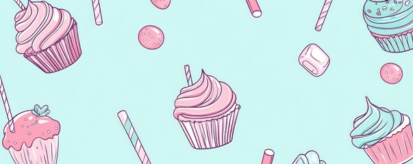 A whimsical pattern featuring colorful cupcakes and sweets on a pastel background.