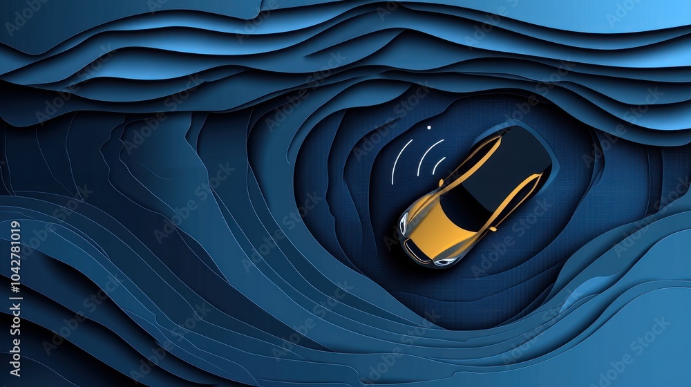 Poster a stylized image of a car navigating through layered waves, emphasizing technology and movement.
