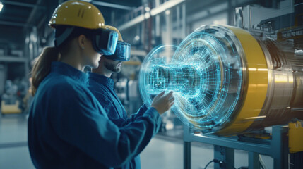 Engineers using holographic tech in modern factory work.