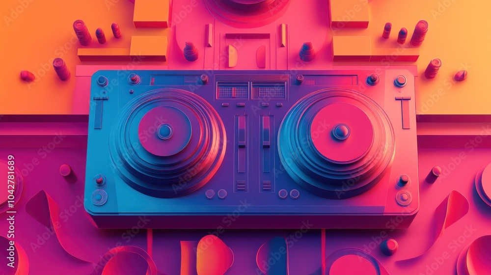 Poster a vibrant 3d rendering of a dj turntable with colorful geometric elements.