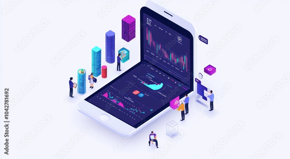 Poster an illustration of a smartphone displaying financial data and analytics with people interacting.