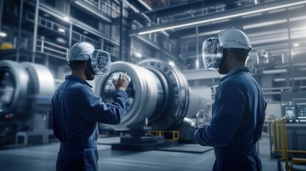 Engineers using augmented tools in futuristic workshop