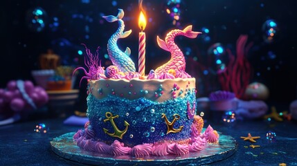 A colorful mermaid-themed birthday cake with candles and decorations.