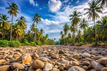 dry river landscape with coconut trees