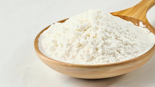pure GDL odorless white crystalline powder presented wooden spoon illustrating use food additive acidity regulation leavening agent beautifully captured 4K video rotating features