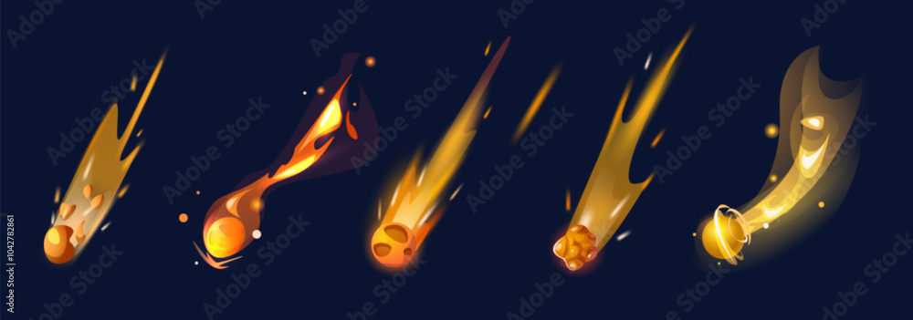 Wall mural asteroid or comet stone falling on high speed with fire trail in dark sky. cartoon vector illustrati