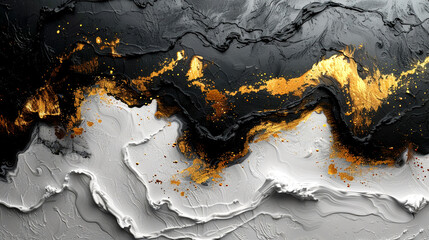 Obraz premium Abstract artwork featuring black, white, and gold swirling patterns created with texture
