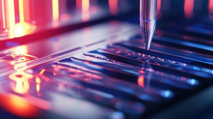 An extreme close-up of a microfluidic device manipulating tiny volumes of fluid for biomedical applications, Microfluidics technology style, photo of