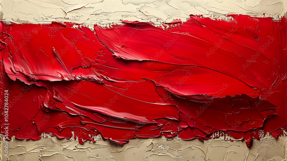 Poster Swirls of rich red paint dynamically interact with a soft, textured backdrop