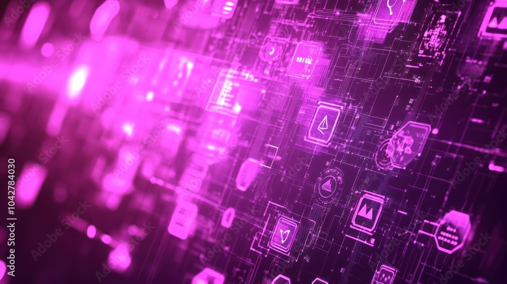 Poster abstract digital interface with glowing icons and data representations in purple hues.