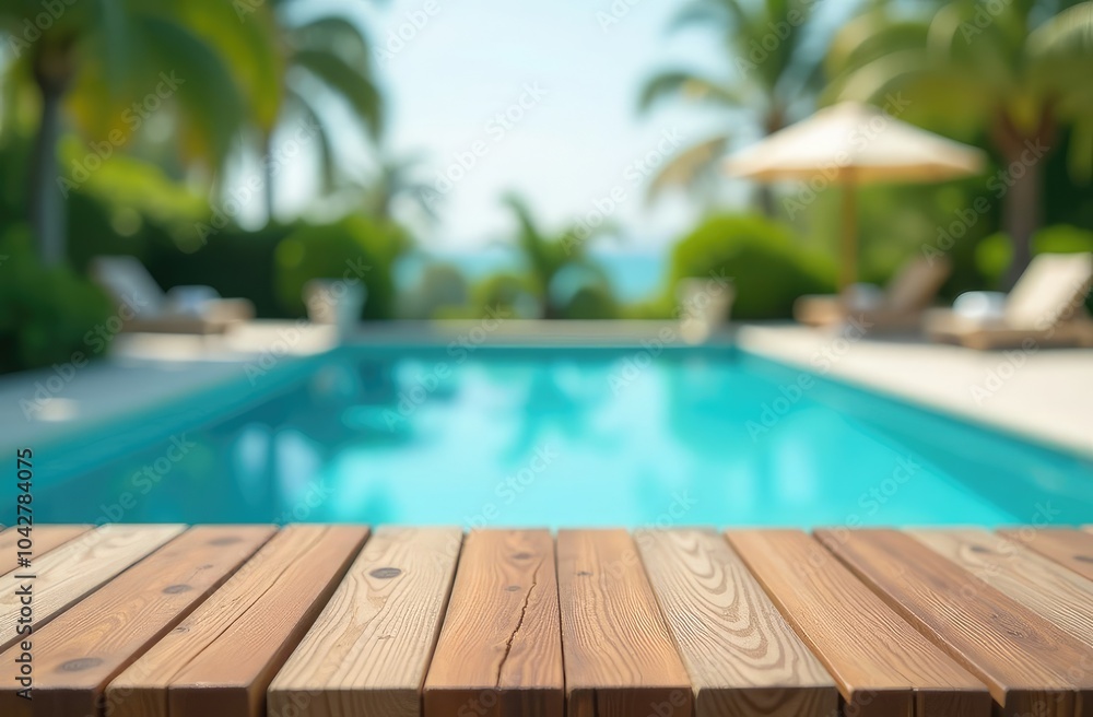 Poster empty wooden table in front with blurred background of swimming pool
