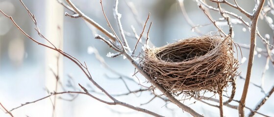A bird's nest resting on a branch, surrounded by a winter landscape.