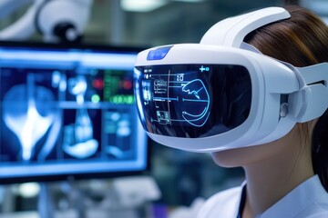 Woman surgeon with VR headset analyzing medical data