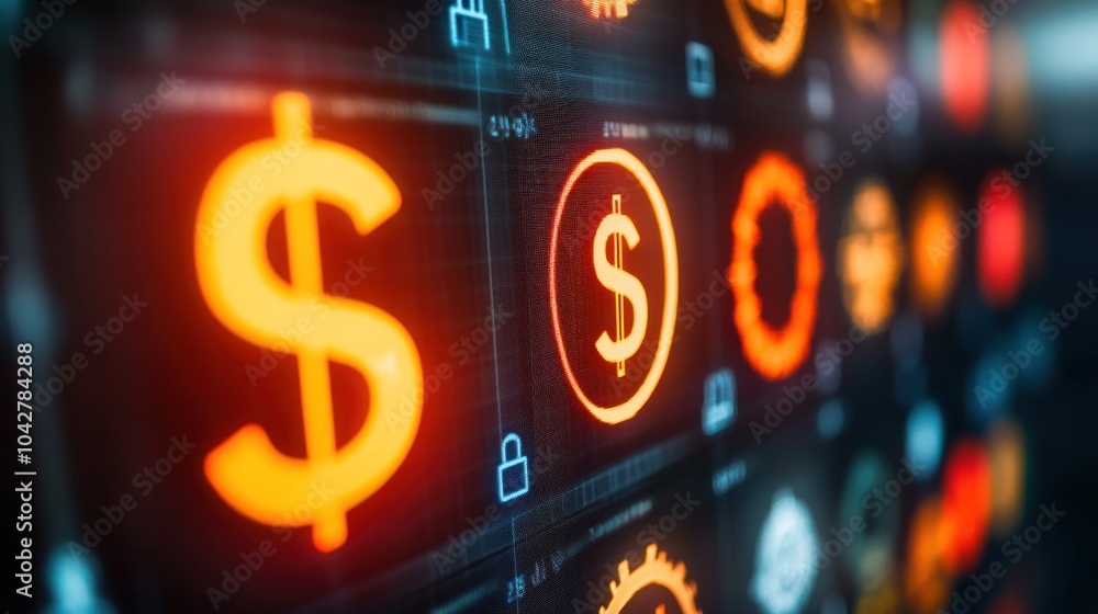 Poster a digital display featuring various financial and security icons, emphasizing currency and technolog