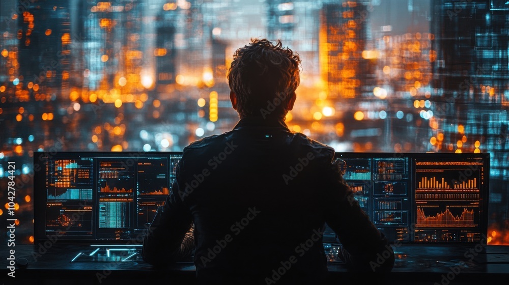 Poster a person analyzing data in a futuristic cityscape setting.