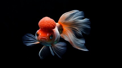 Naklejka premium Red Oranda goldfish captured mid-swim, showing the intricate details of its head growth (wen).