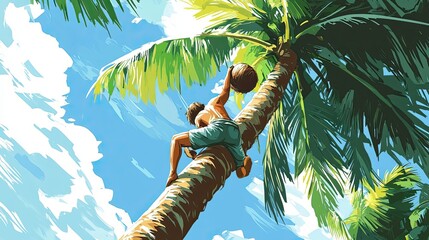 A Man Climbing a Palm Tree to Reach a Coconut