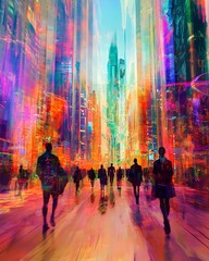 Psychogeographic Cityscape with Sentient Chromatic Energy Fields and Interacting Pedestrians in Futuristic Dreamlike Metropolis