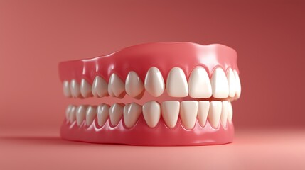 Fototapeta premium A set of bright, healthy-looking dentures on a smooth pink background, highlighting dental health and oral care. Ideal for dentistry themes.