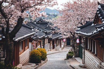 A serene street lined with traditional houses and blooming cherry blossoms.
